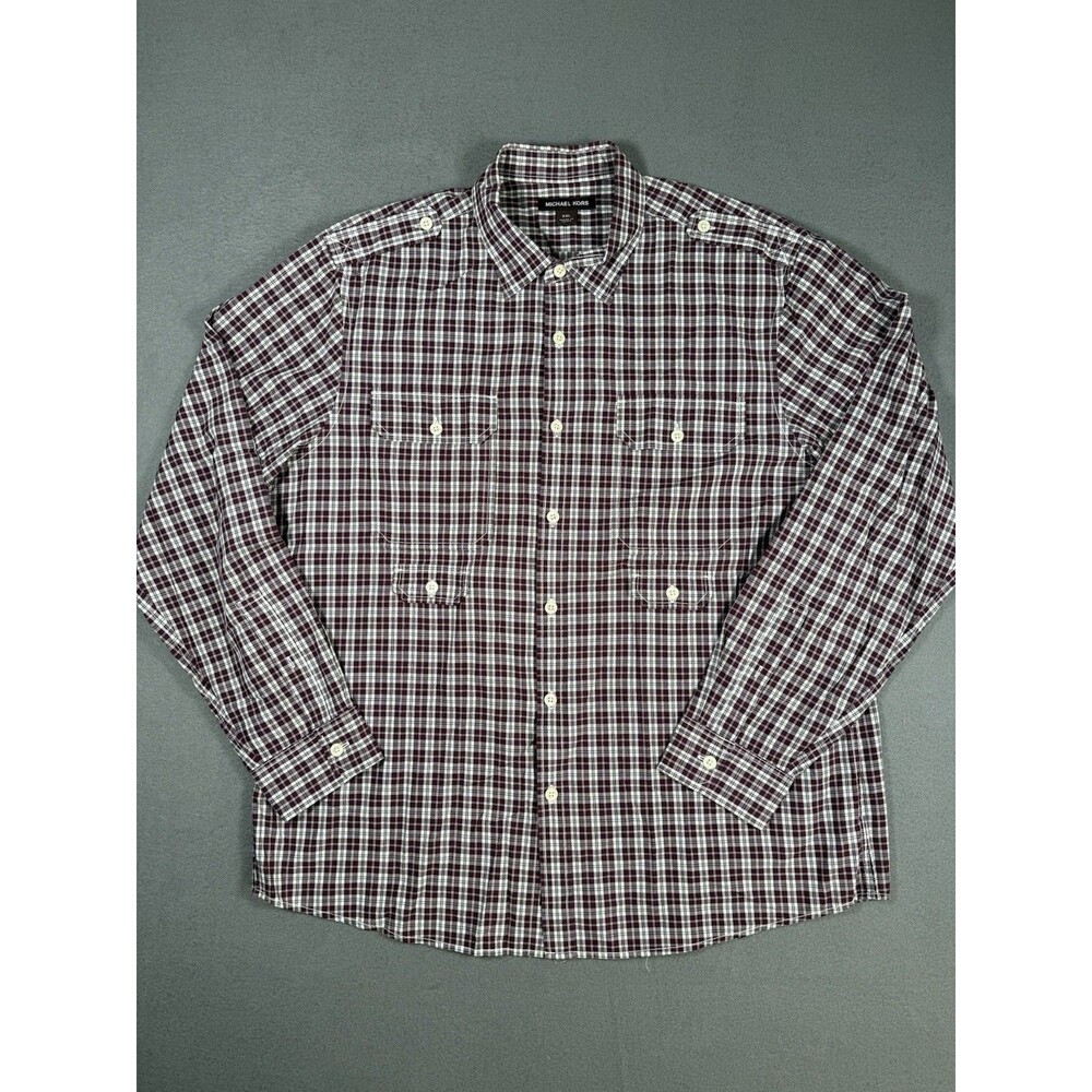 Michael Kors Men's NWOT Plaid Button Up Military Shirt Roll Tab Maroon Size XXL